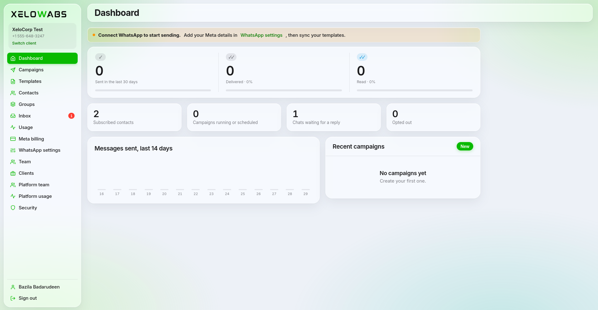 Actual XeloWABS SaaS workspace showing the dashboard, campaigns, templates, contacts, inbox, analytics and settings